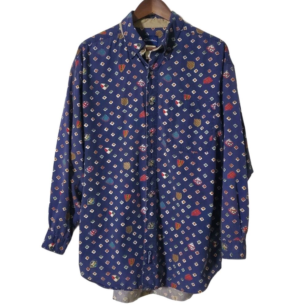 VINTAGE Catalina Shirt L Shield Crest Pattern Blue Cotton Button Up Mens